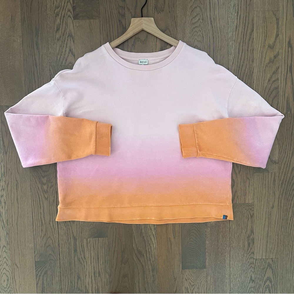 KULE The Summer Ombré Cropped 100% Cotton Crew Neck Sweatshirt Pink Orange Large